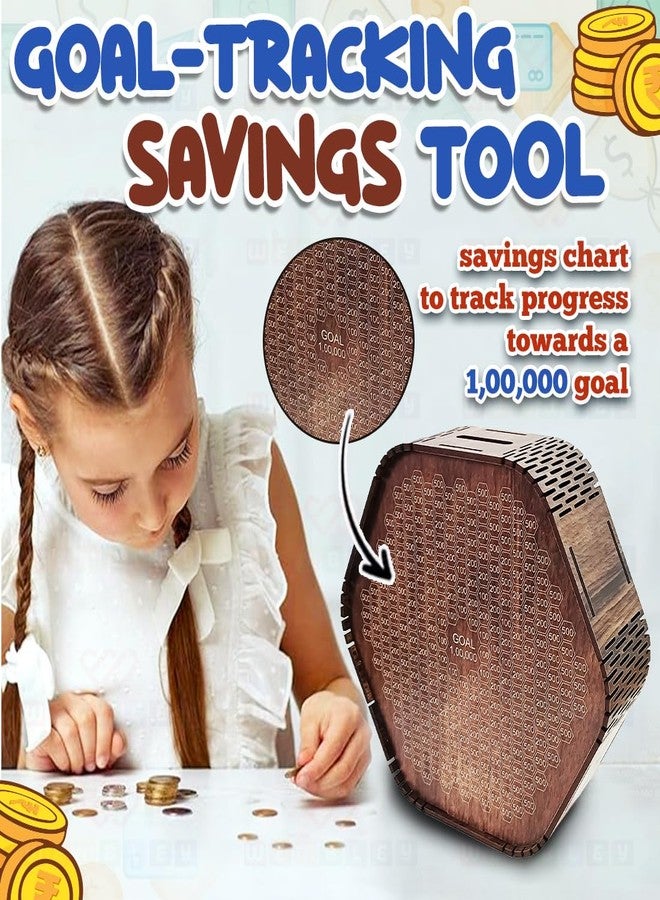 ويمبلي حصالة نقود خشبية عصرية من ويمبلي مع مخطط ادخار، أداة توفير المال للأطفال والكبار، حصالة عملات معدنية تحفيزية لتتبع الأهداف، هيكل خشبي متين للأولاد والبنات - سداسي الشكل - Image 3